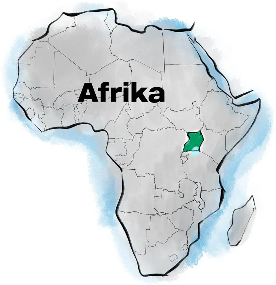 Deichmann Stiftung | Sozialunternehmen Uganda – SINA – Ausbildung – Jugendlicher Sozialunternehmen Uganda – Handzeichnung des afrikanischen Kontinents – Uganda ist hervorgehoben